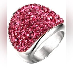 Pink Crystal Cubic Zirconia Crystals in Leather Domed Stainless Steel Ring